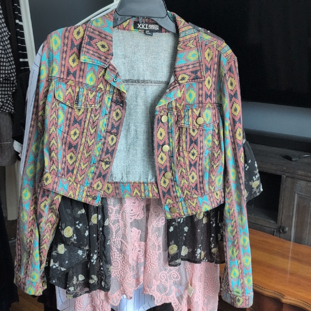 XXI Multicolor Patterned Jean Jacket - Picture 1 of 4